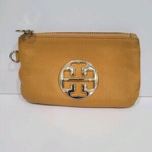 Tory Burch Cosmetic Bag Case Wallet Pouch Mustard Yellow Zip Logo Medium 7x4